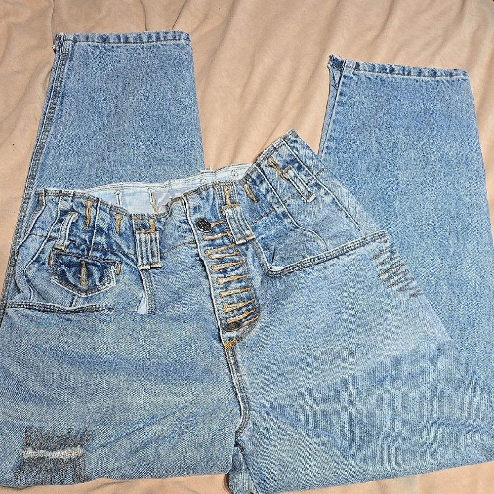 Light Blue Straight Leg Jeans with Vintage Wash
